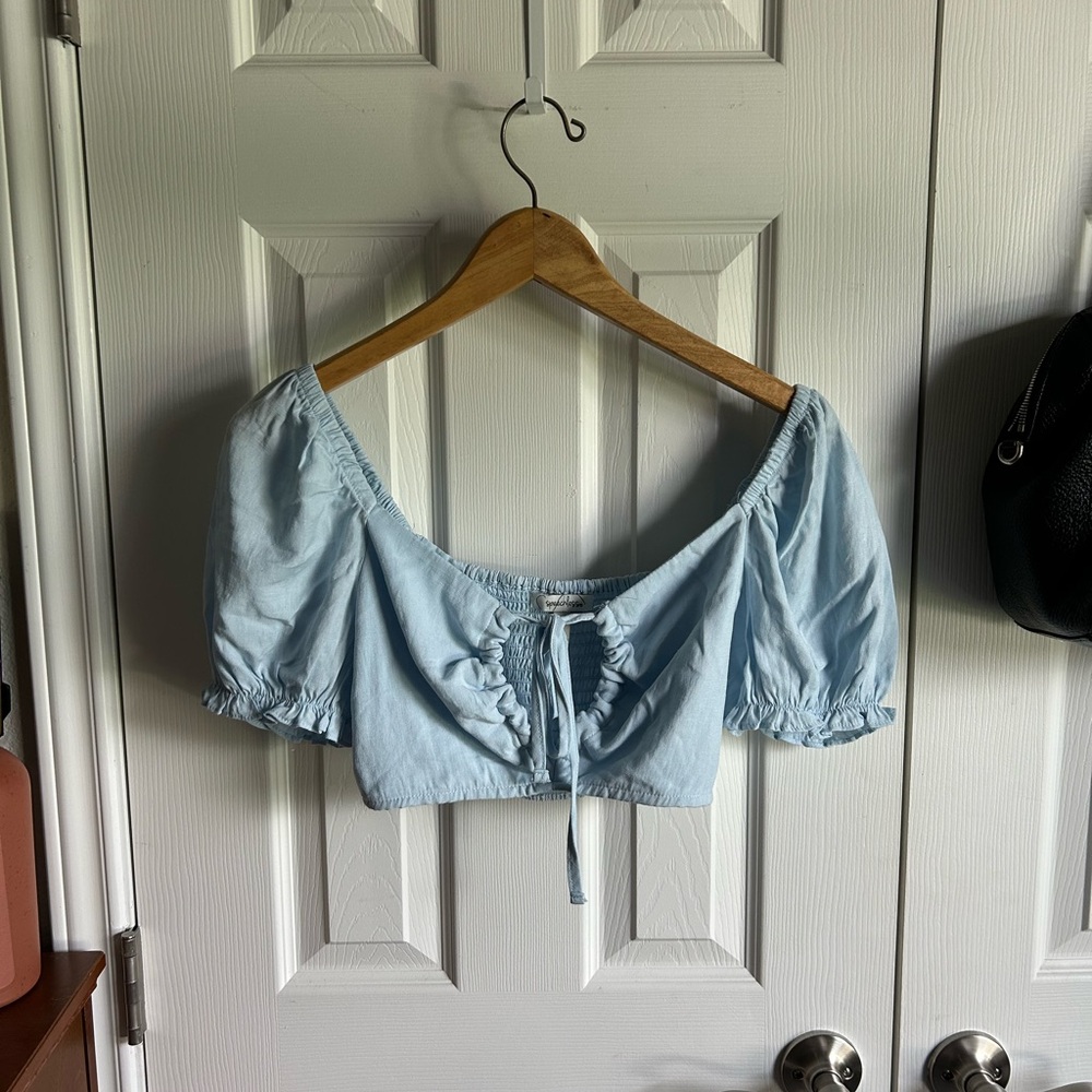 blue puff sleeve  crop top coquette milkmaid